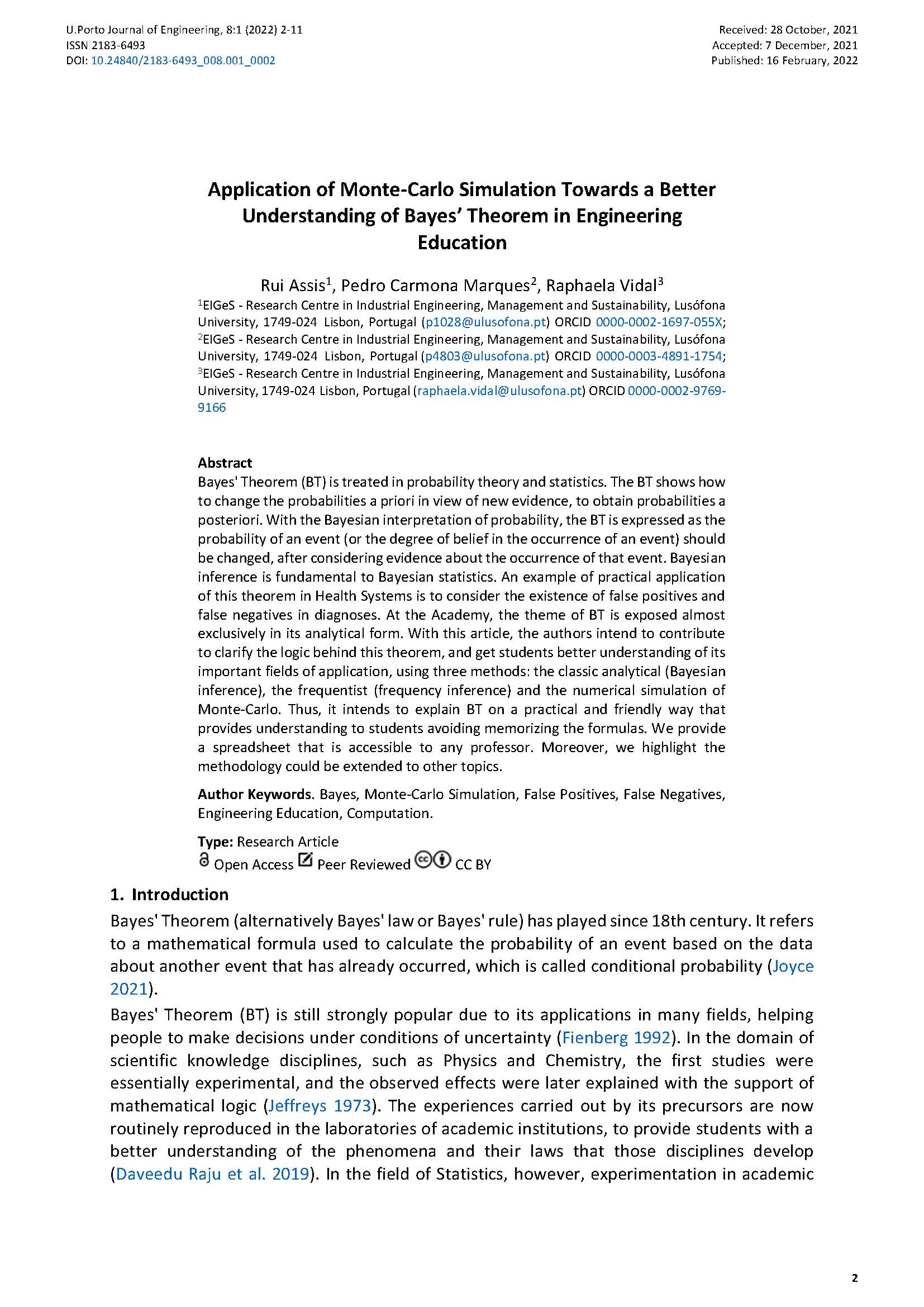 Application of Monte-Carlo Simulation Towards a Better Understanding of Bayes’ Theorem in Engineering Education