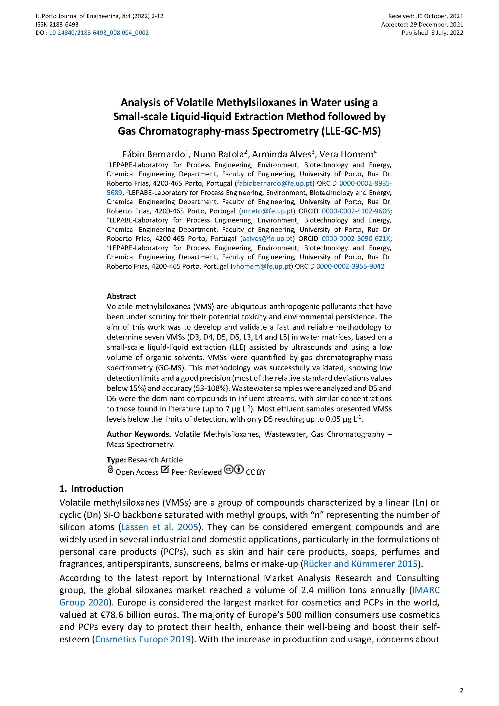 Analysis of Volatile Methylsiloxanes in Water using a Small-scale Liquid-liquid Extraction Method followed by Gas Chromatography-mass Spectrometry (LLE-GC-MS)