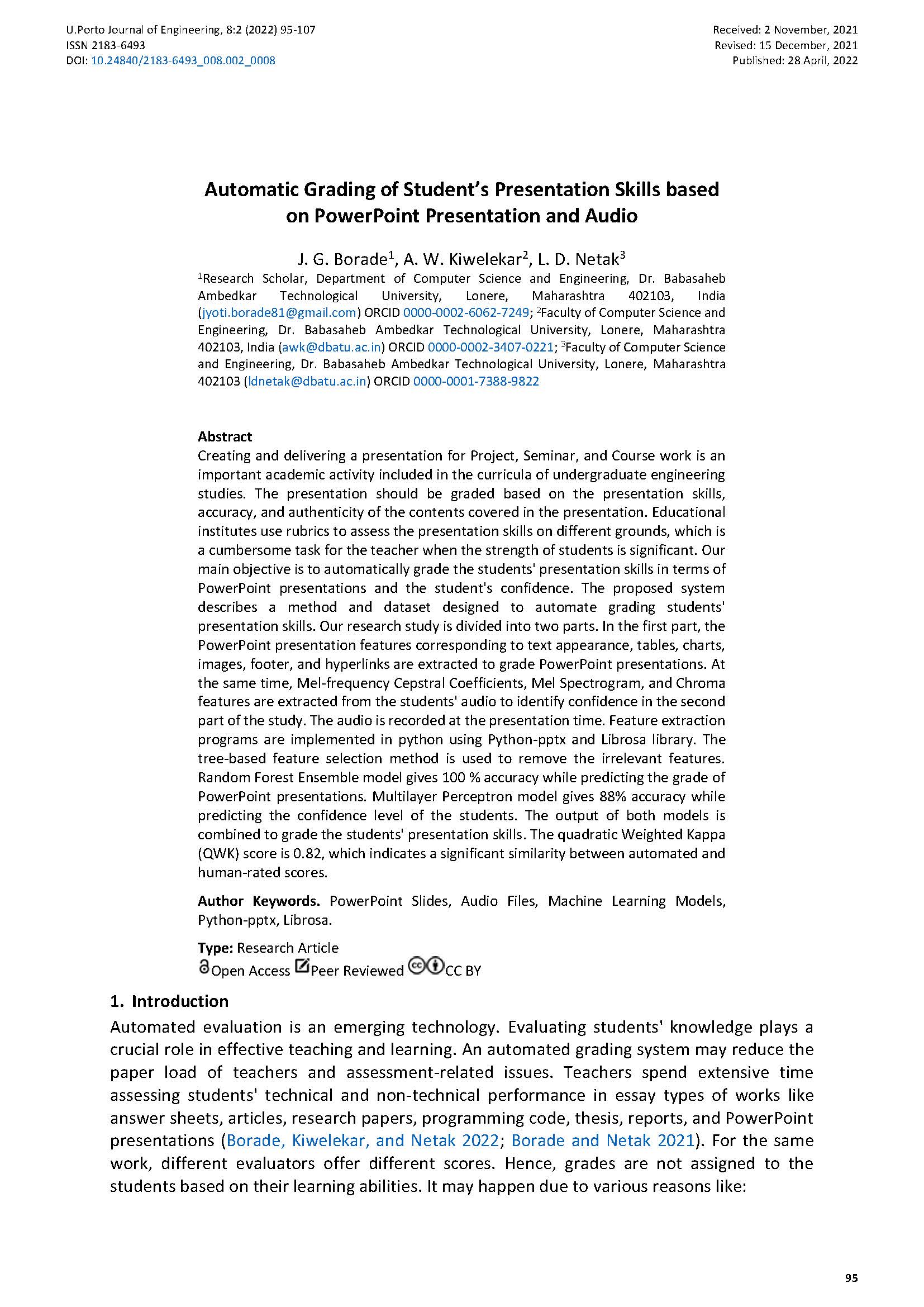 Automatic Grading of Student’s Presentation Skills based on PowerPoint Presentation and Audio