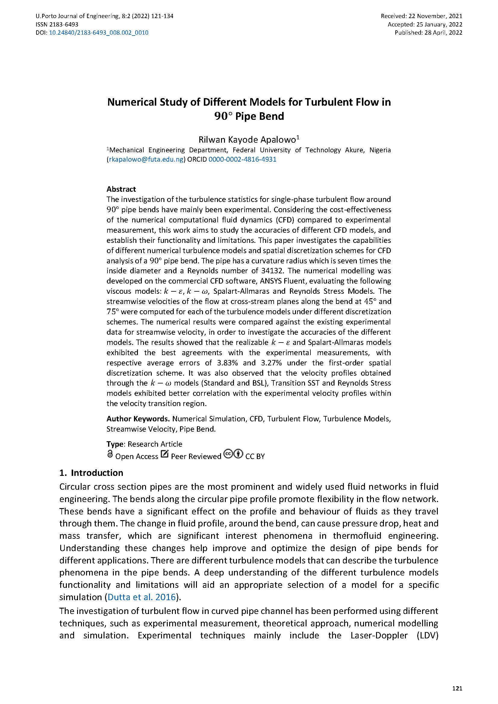 Numerical Study of Different Models for Turbulent Flow in 90º Pipe Bend