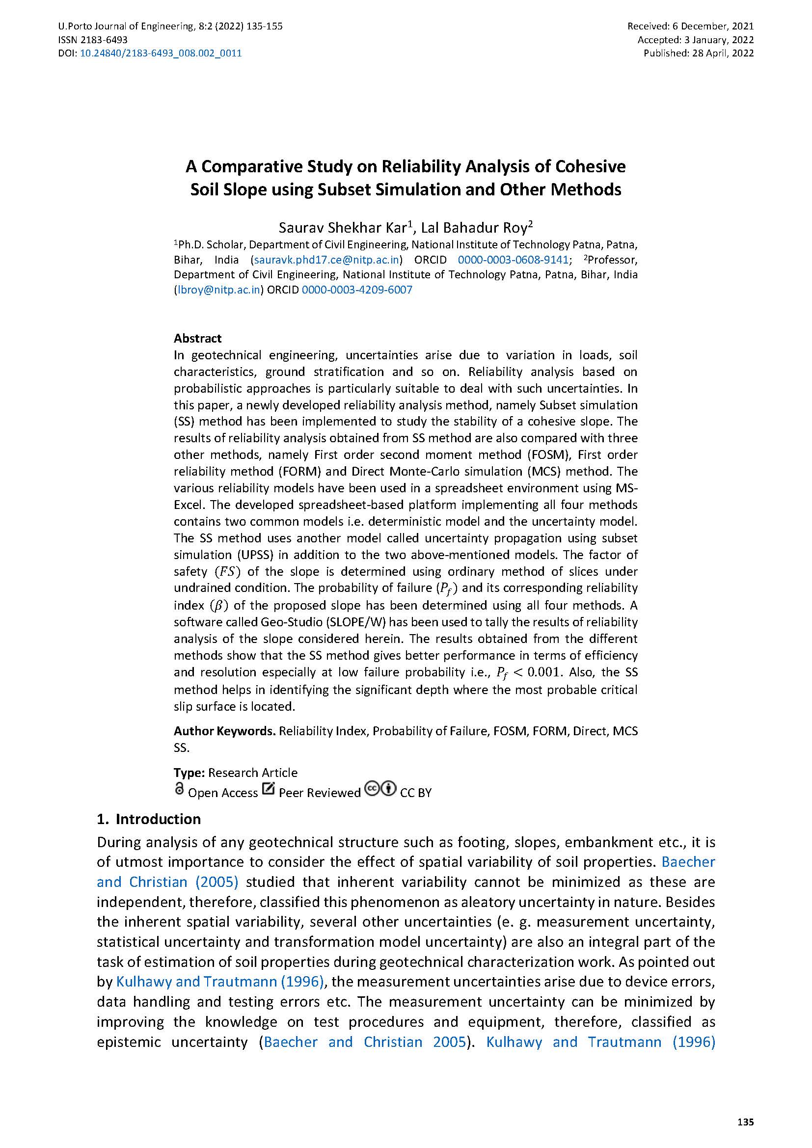 A Comparative Study on Reliability Analysis of Cohesive Soil Slope using Subset Simulation and Other Methods