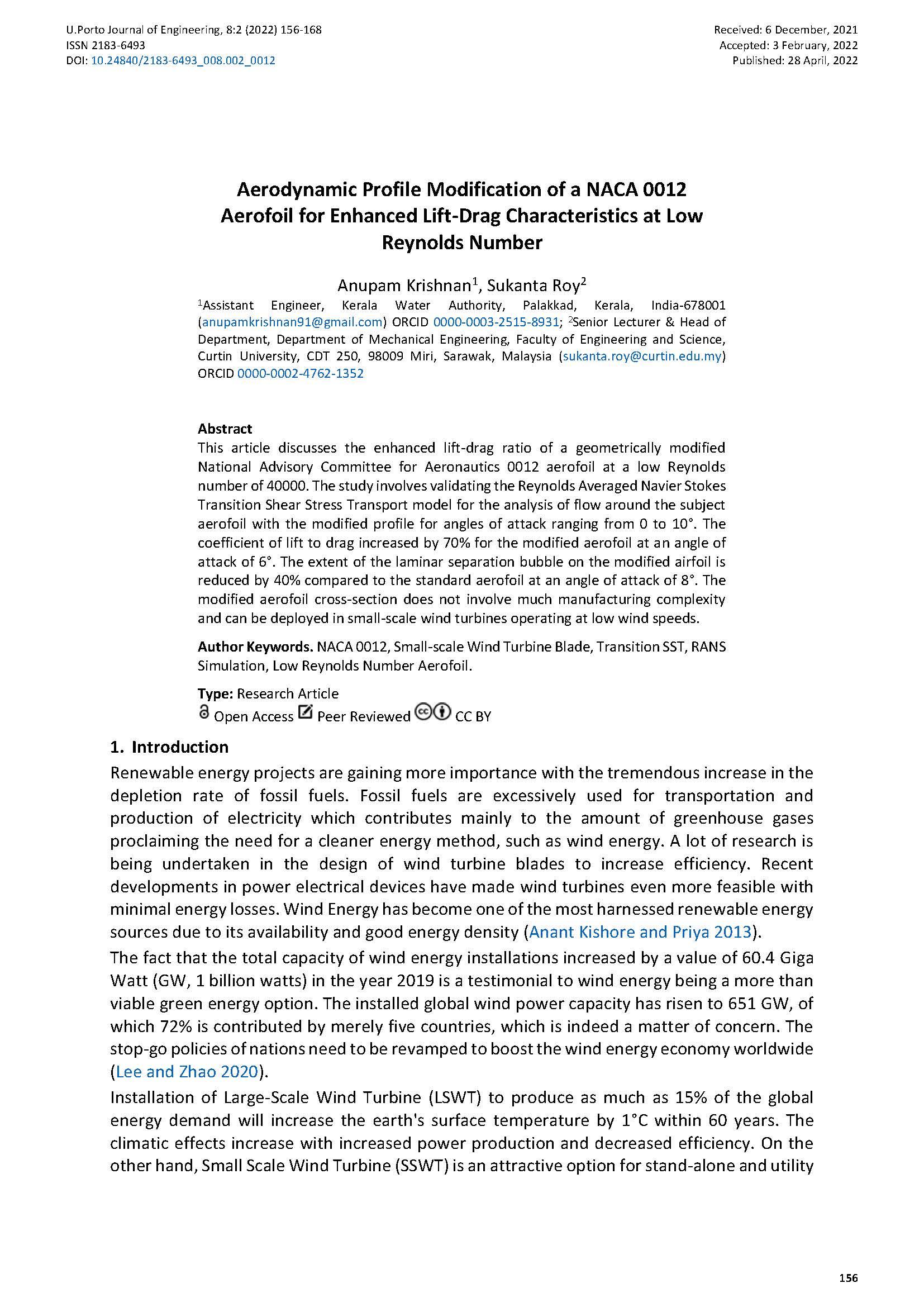 Aerodynamic Profile Modification of a NACA 0012 Aerofoil for Enhanced Lift-Drag Characteristics at Low Reynolds Number