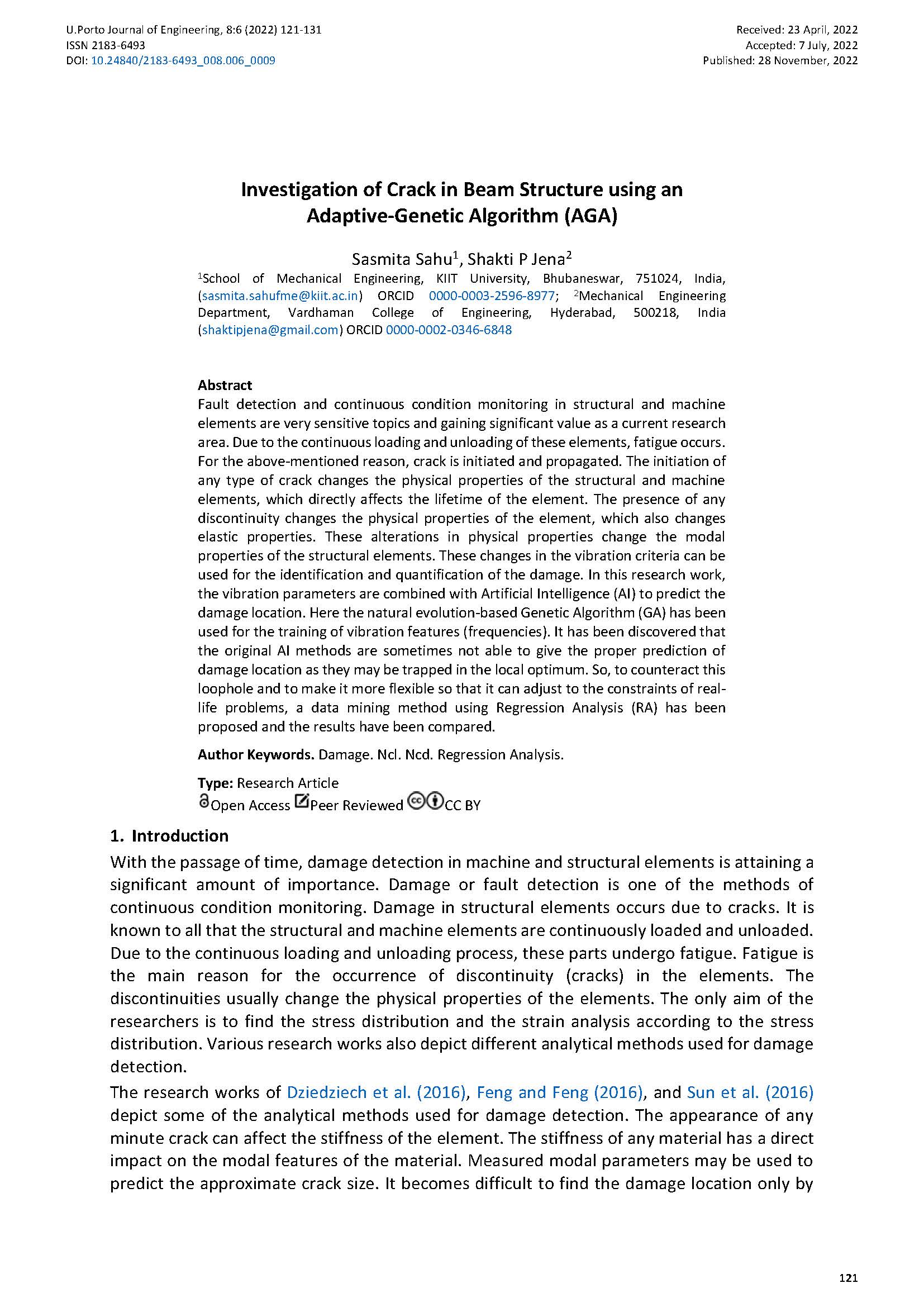 Investigation of Crack in Beam Structure using an Adaptive-Genetic Algorithm (AGA)