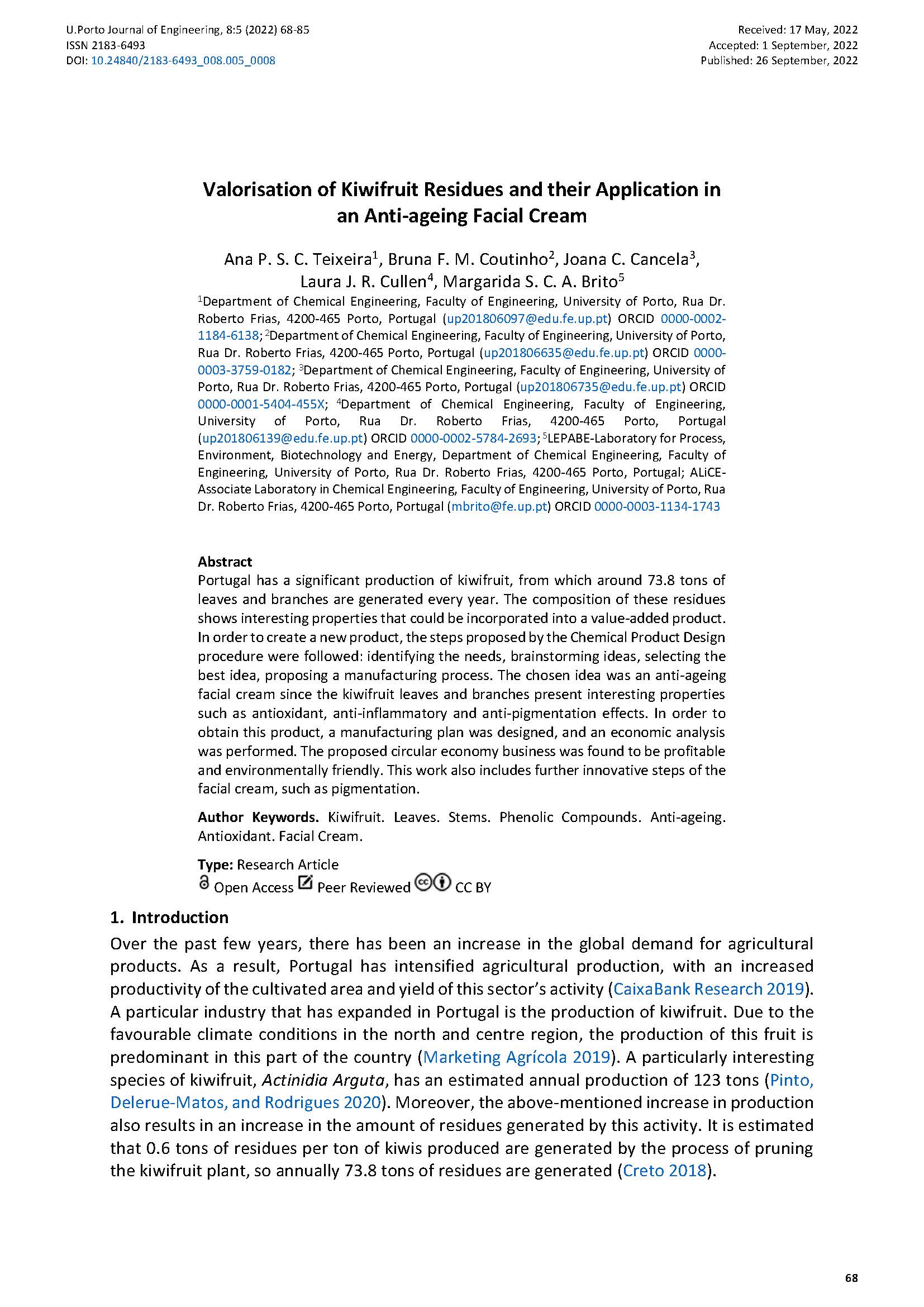 Valorisation of Kiwifruit Residues and their Application in an Anti-ageing Facial Cream