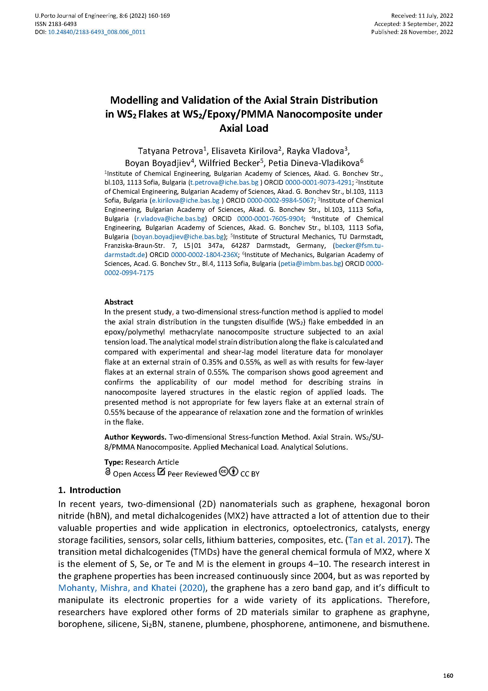 Modelling and Validation of the Axial Strain Distribution in WS2 Flakes at WS2/Epoxy/PMMA Nanocomposite under Axial Load