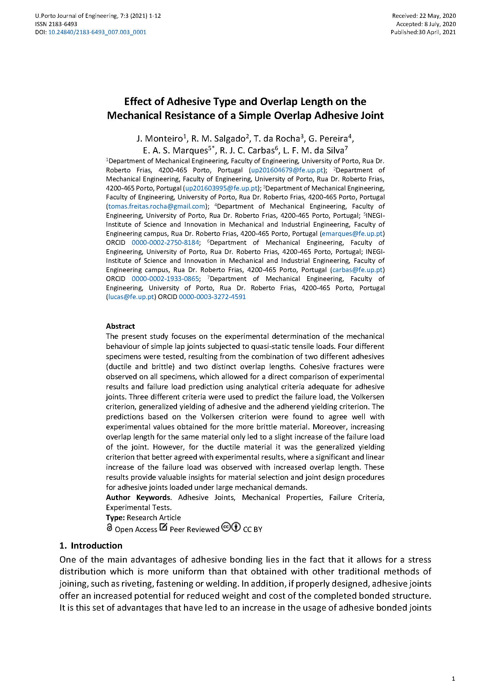 Effect of Adhesive Type and Overlap Length on the Mechanical Resistance of a Simple Overlap Adhesive Joint