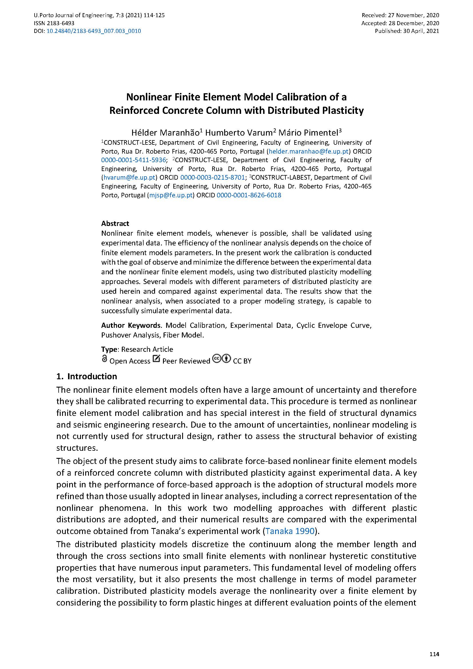 Nonlinear Finite Element Model Calibration of a Reinforced Concrete Column with Distributed Plasticity