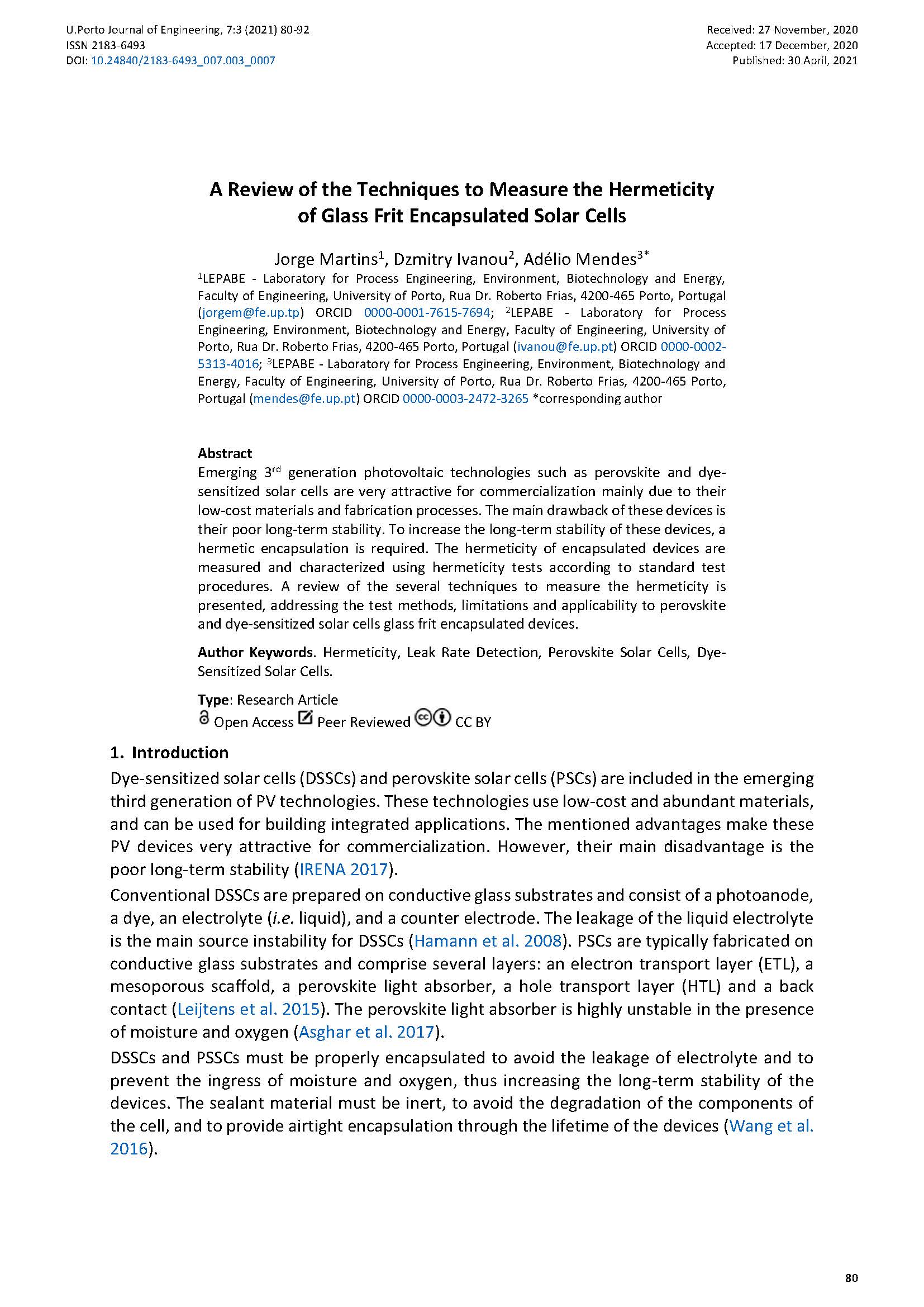 A Review of the Techniques to Measure the Hermeticity of Glass Frit Encapsulated Solar Cells