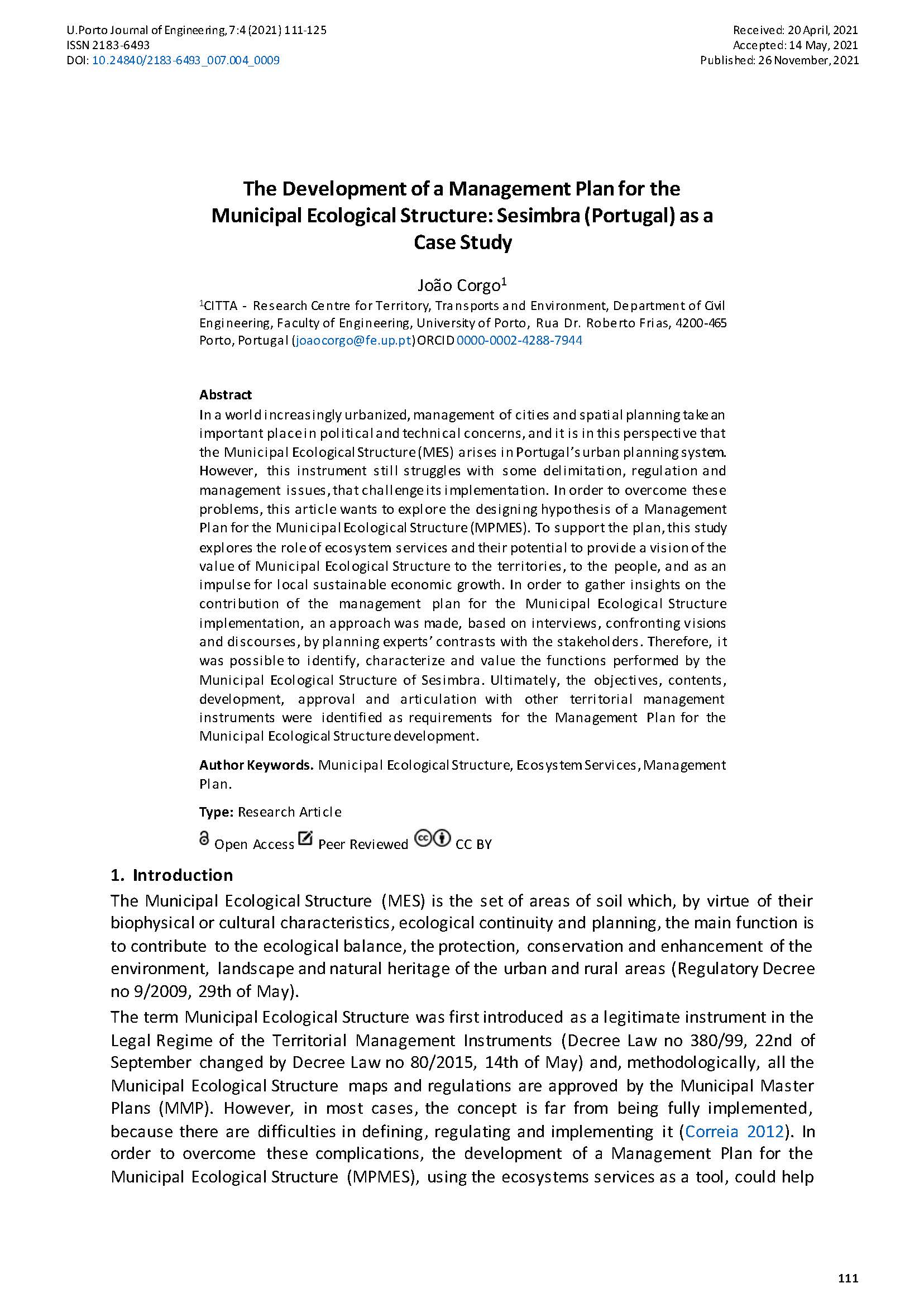 The Development of a Management Plan for the Municipal Ecological Structure: Sesimbra (Portugal) as a Case Study