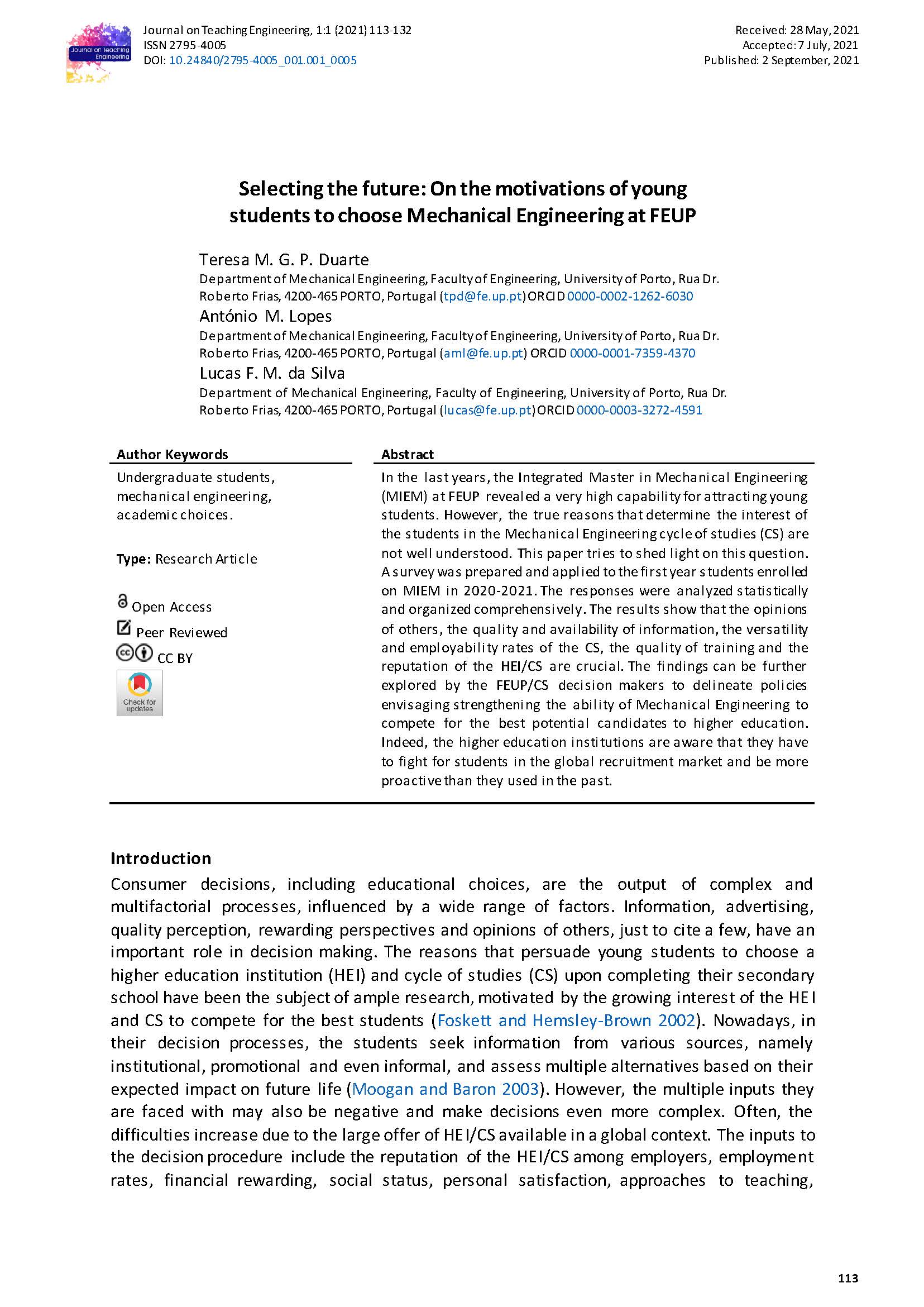 Selecting the future: On the motivations of young students to choose Mechanical Engineering at FEUP