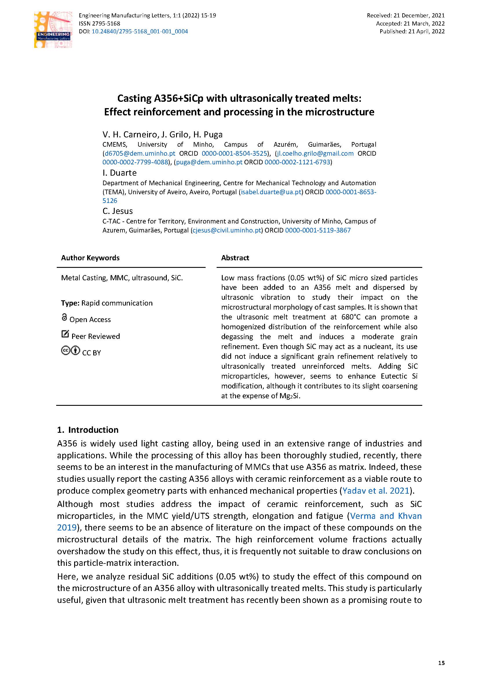 Casting A356+SiCp with ultrasonically treated melts: Effect reinforcement and processing in the microstructure